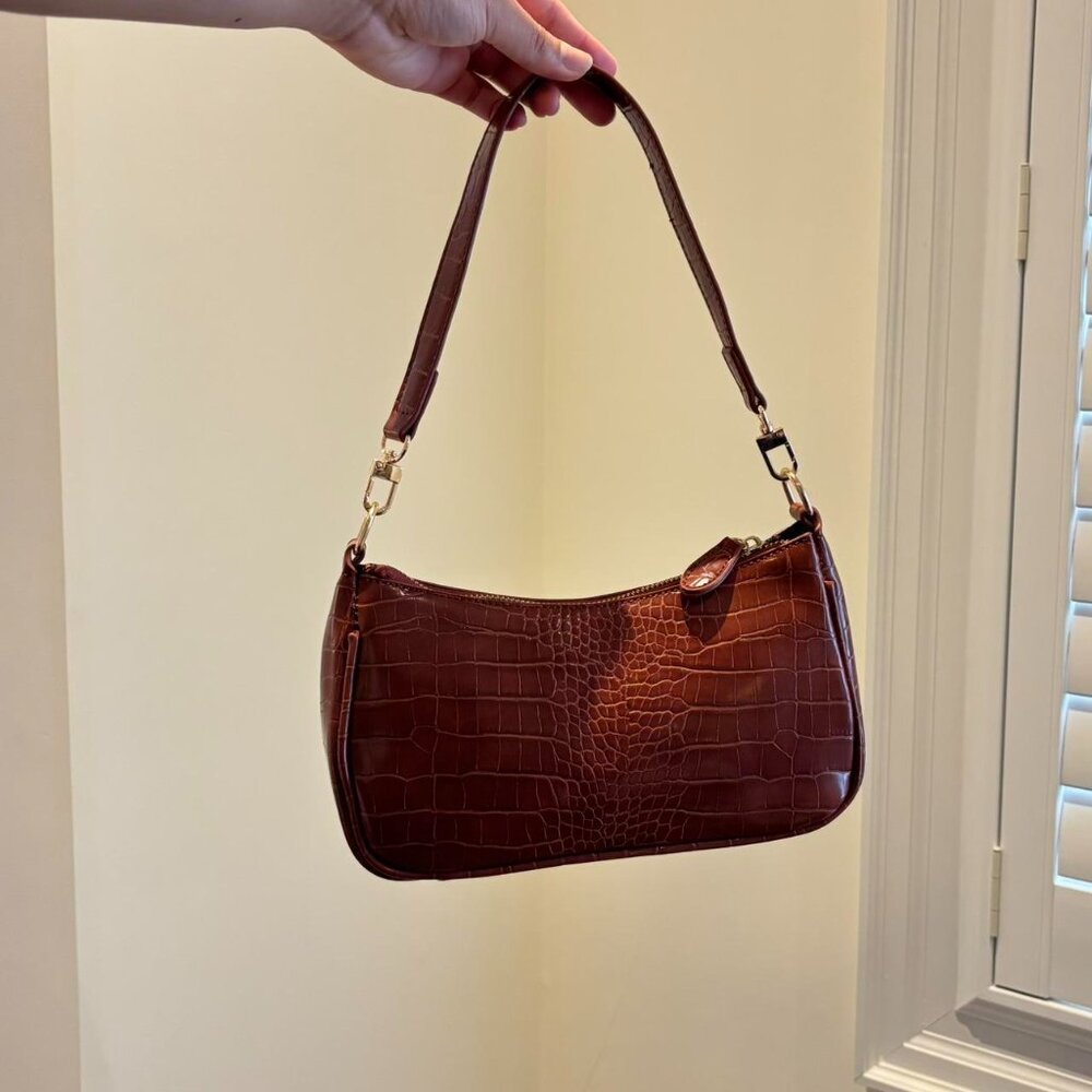 Croc-Embossed Shoulder Bag in Cognac Brown - Picture 2 of 3